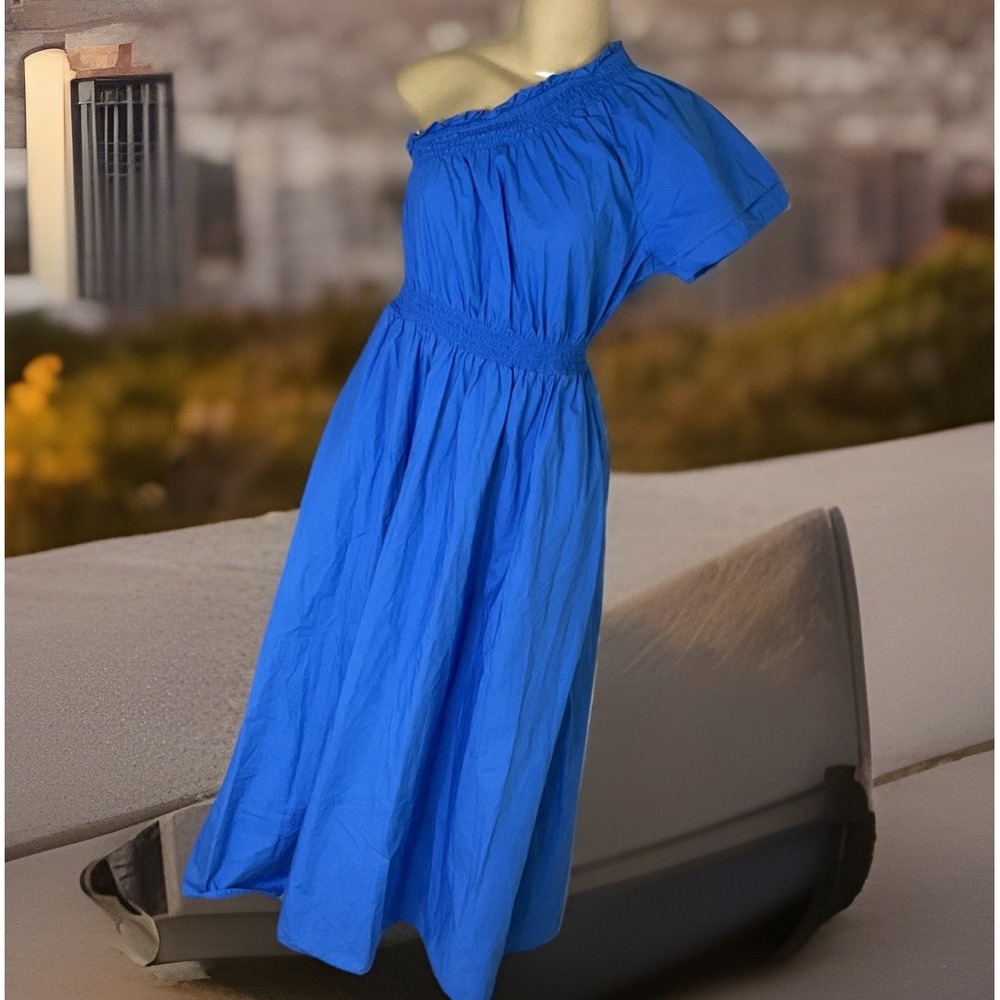 J Crew Poplin Dress Womens Sz S One Shoulder Smocked Midi Blue A-Line Pockets